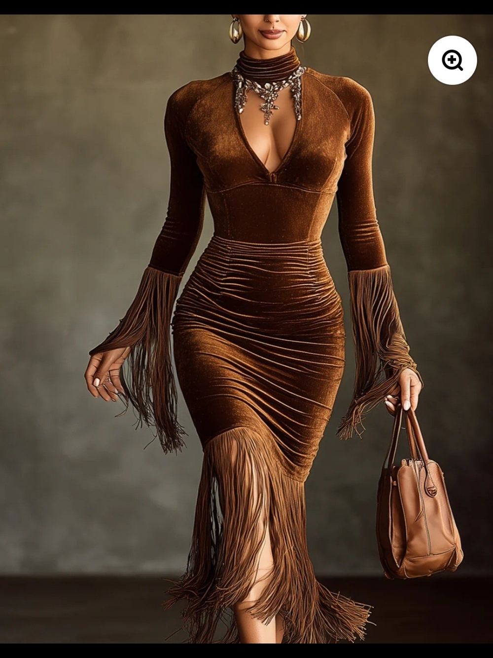 Brown Velvet Long-Sleeve Fringe Turtleneck Cotout Midi Dress NWT Small